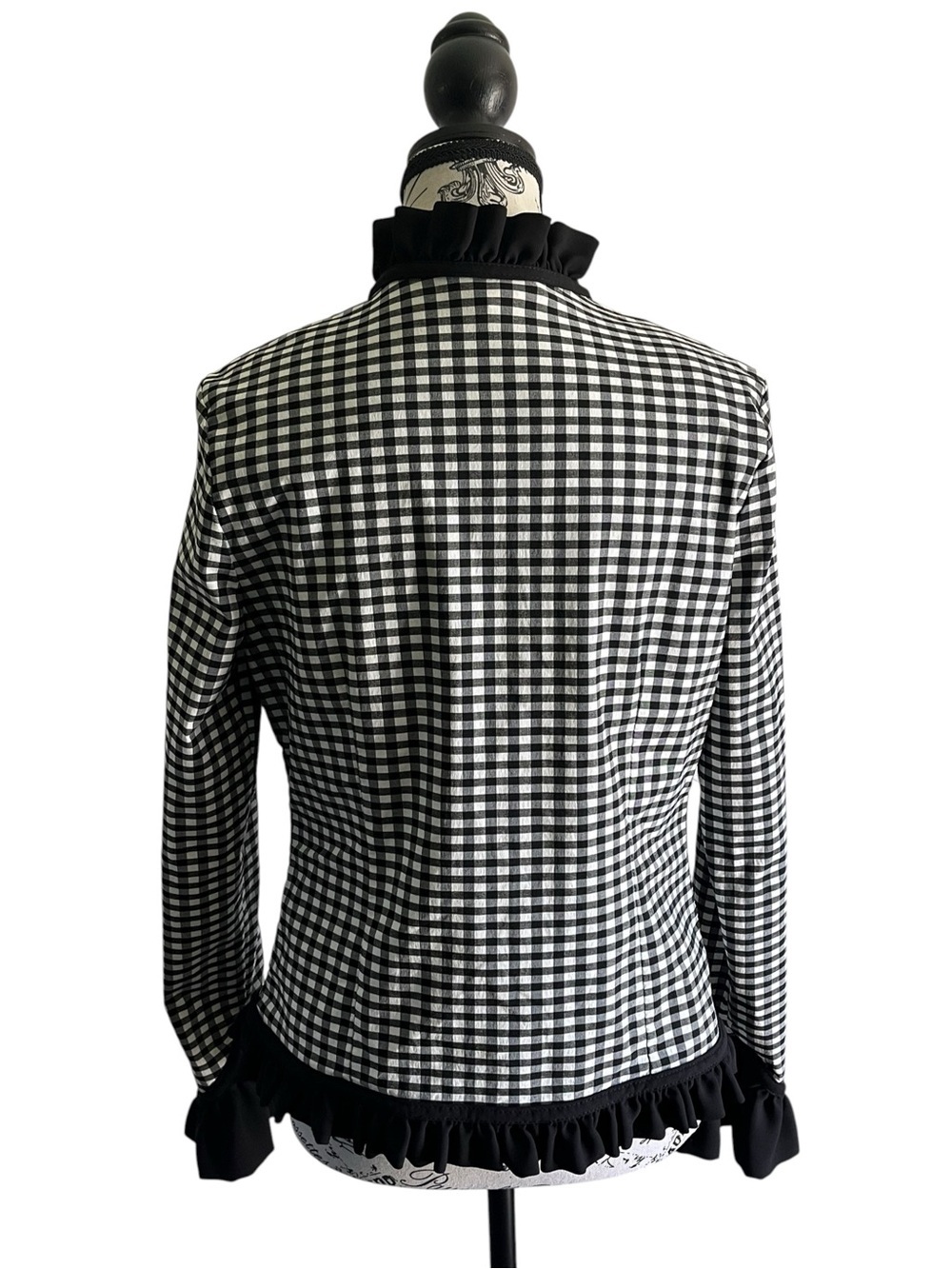 🇨🇦 RIBKOFF Vintage Gingham Ruffle Trim Blazer Jacket Black White Romantic Goth - Picture 4 of 6